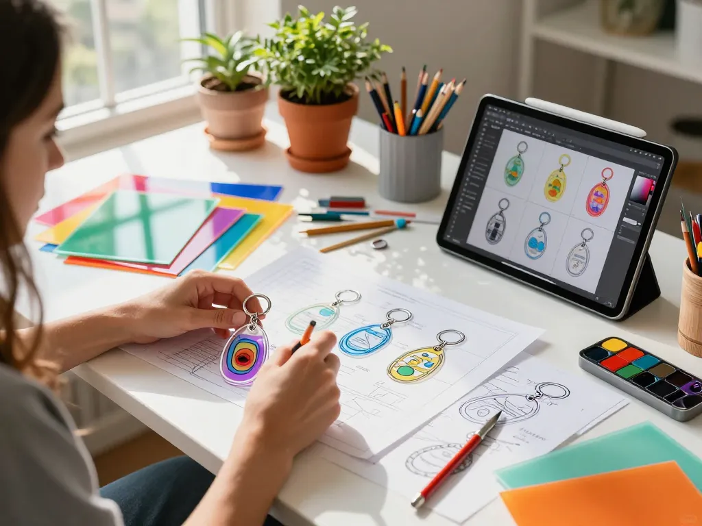 Creative acrylic keychain maker designing vibrant custom keychains in a sunlit studio.