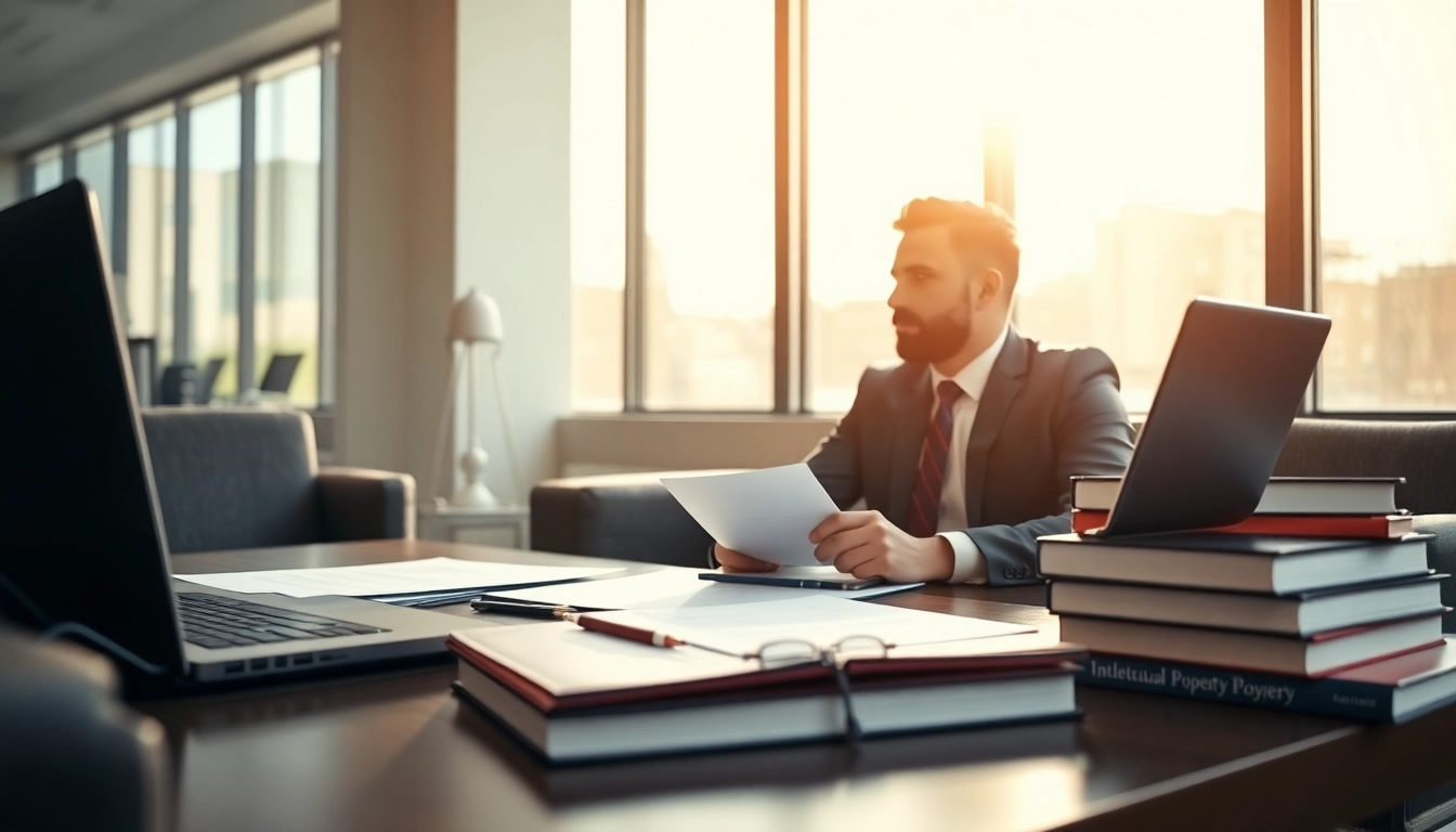 Intellectual property lawyer advising a client in a contemporary office setting.