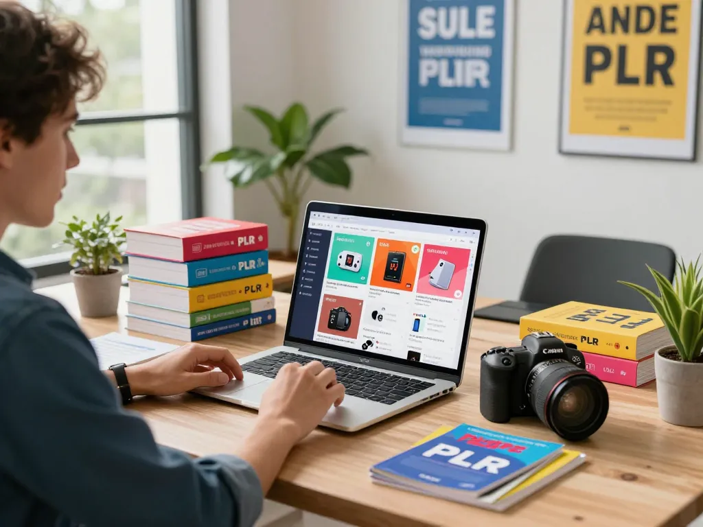 Buy PLR Products Online showcased in a vibrant e-commerce workspace with PLR product images and entrepreneur.