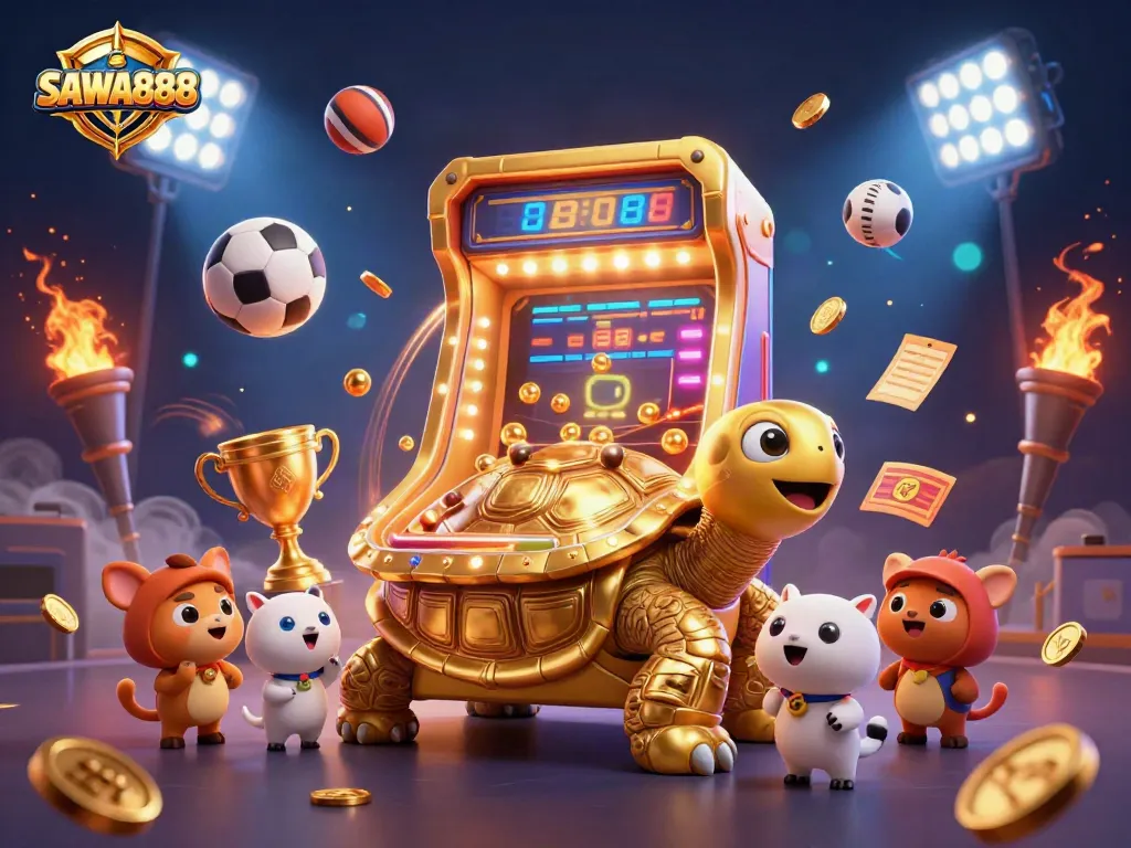Experience SAWA888's thrilling betting scene with a vibrant illustration of a tortoise pinball machine and energetic animals.