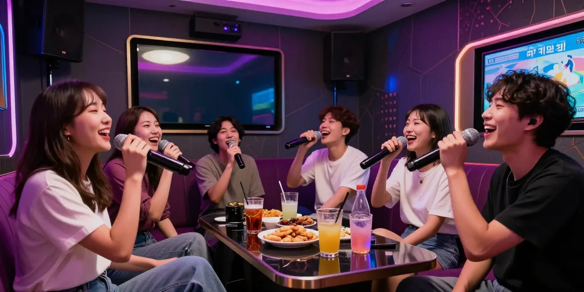Friends enjoying a lively evening at 강남 도파민 가라오케 with vibrant decor and high-end sound, creating a celebratory atmosphere.