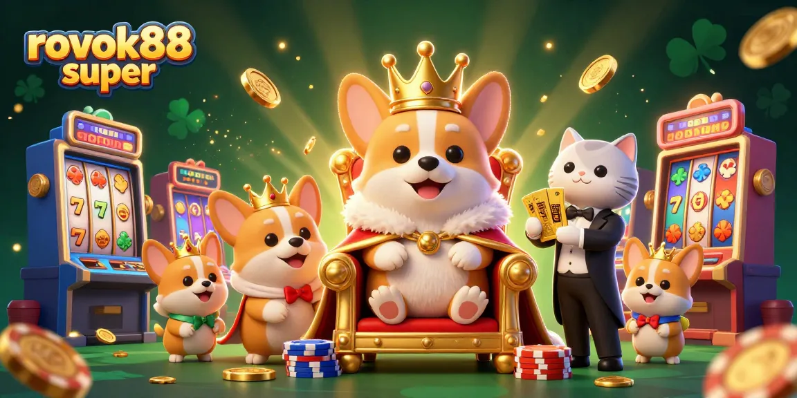 Play in style with rokok88 super at vibrant 3D slot machines, crowned corgi surrounded by golden treasures.