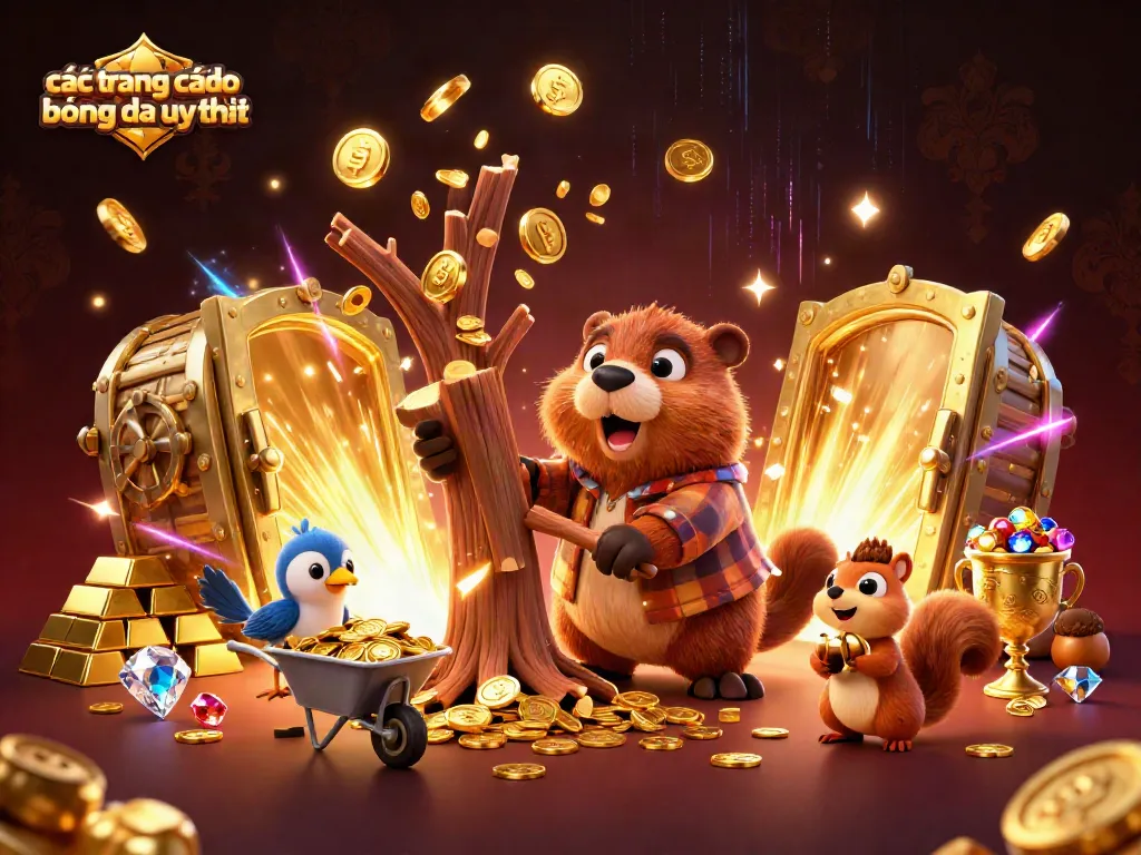 Các trang cá độ bóng đá uy tín đang nổi bật với hình ảnh nhân vật hoạt hình 3D, như chú beaver đang chặt cây rơi ra vàng.