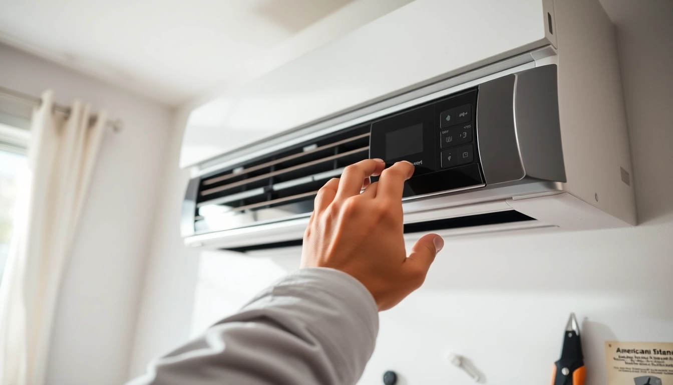 Technician adjusting an American Standard AC unit during installation in a bright home environment.