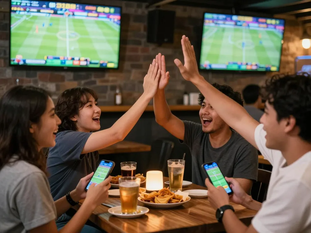 Spectators placing bets on the fly88 app while enjoying live sports at a bustling bar