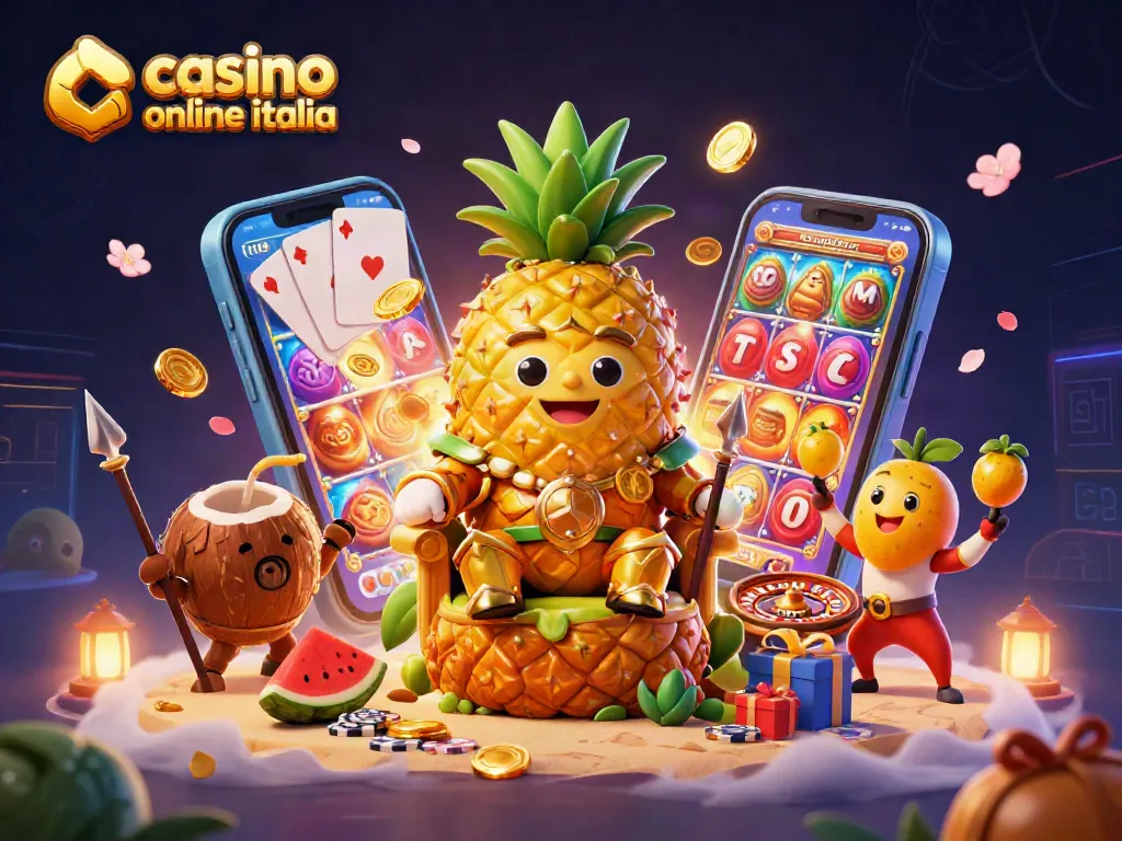 Gioca al casinò online in Italia con il re ananas e i suoi guardiani, circondato da giochi e premi.
