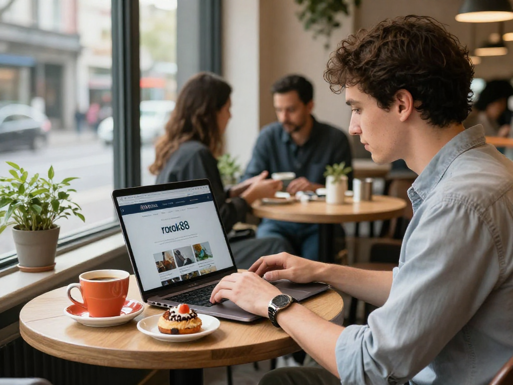 Dynamic café scene showcasing rokok88 on a laptop, vibrant atmosphere with coffee and pastries.