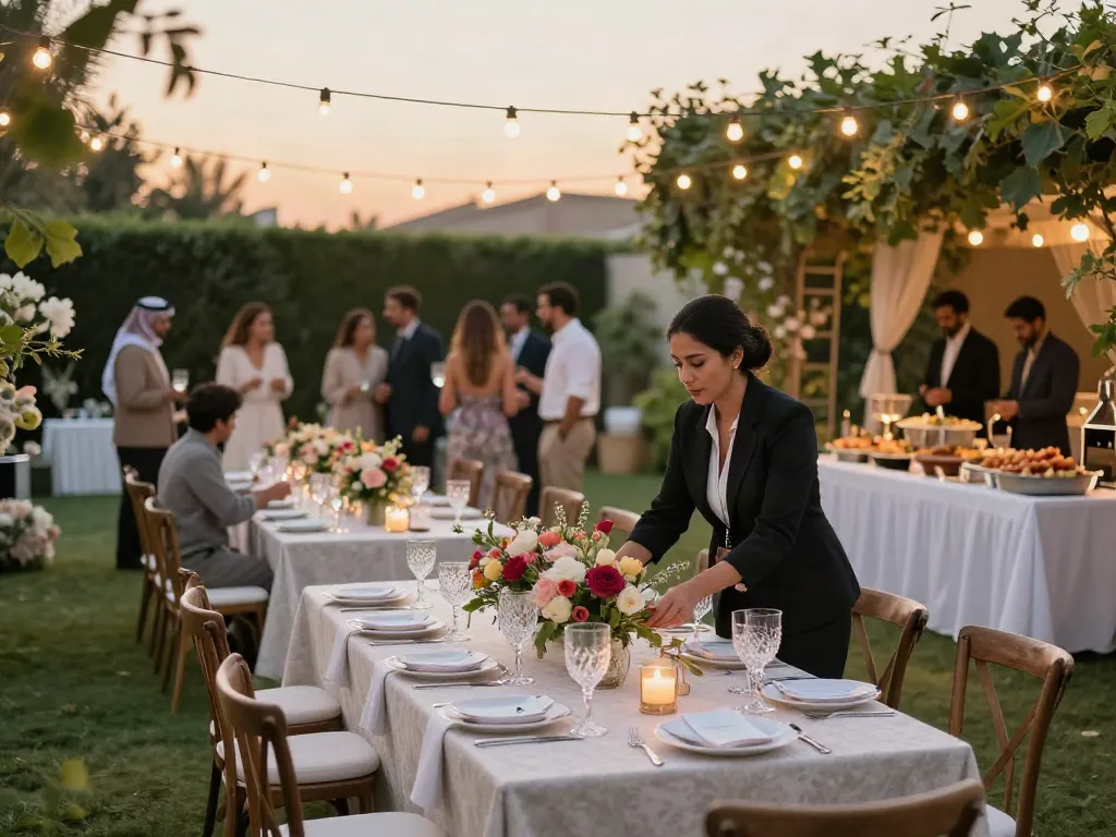 Event rentals setup with elegant tables and decorations in an outdoor garden.