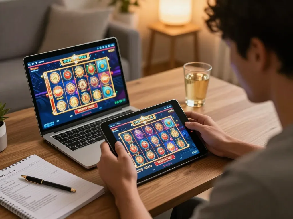 Gamer enjoying a slot game on 888top while analyzing strategies in a cozy home office.