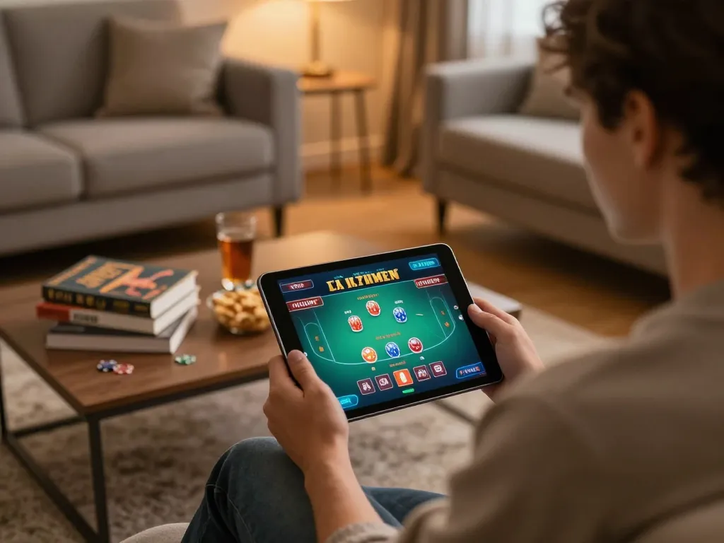 Player engaging with tg88 online poker app in a cozy home setting, highlighting responsible gaming.