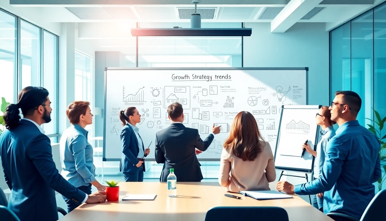 Team collaborating on growth strategy trends in a professional office environment.