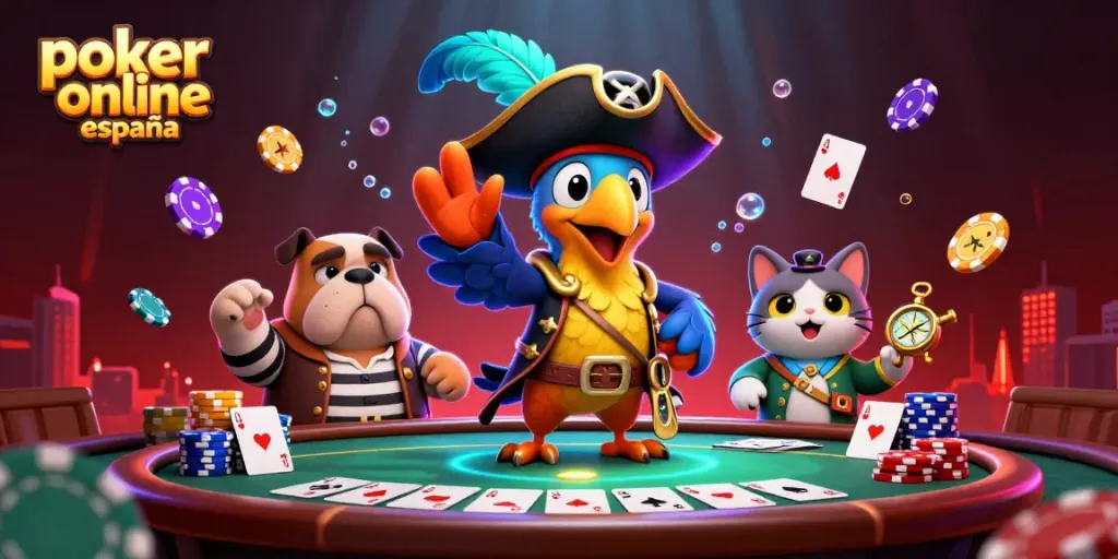 Juega póker online España con barajas y fichas en una vibrante escena de casino en línea.