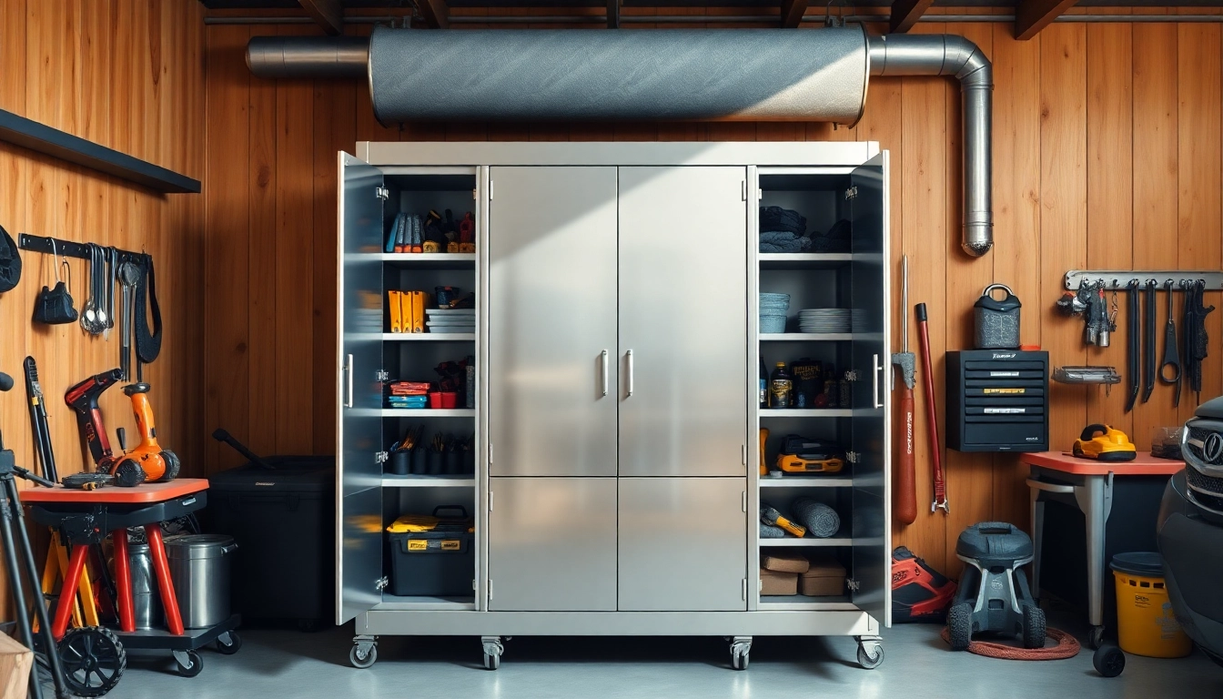 A robust steel cabinet displayed in a neat garage, showcasing organized tools and sleek design.