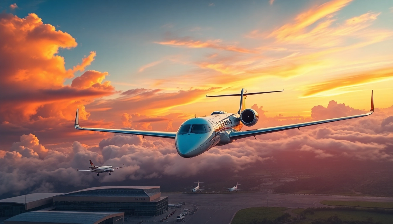 FLY88 showcasing luxurious private jets in a stunning sunset backdrop.