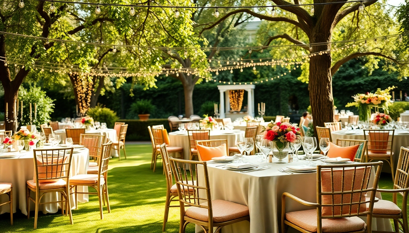 Beautiful setup of Event Furniture Rentals showcasing elegant tables and chairs at a garden party.