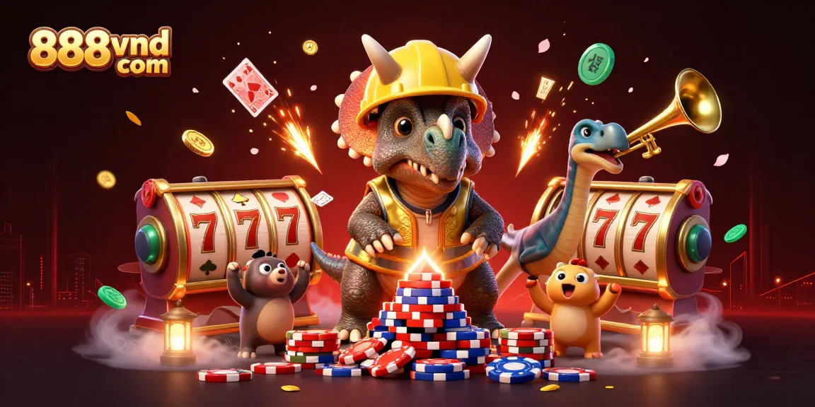 Engage in thrilling gameplay at 888vnd com, as a triceratops builds a poker chip pyramid surrounded by festive elements.
