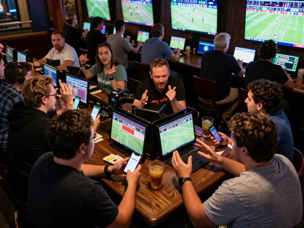 Engaged sports fans using NHÀ CÁI MB88 betting apps at a lively sports bar while cheering for their teams