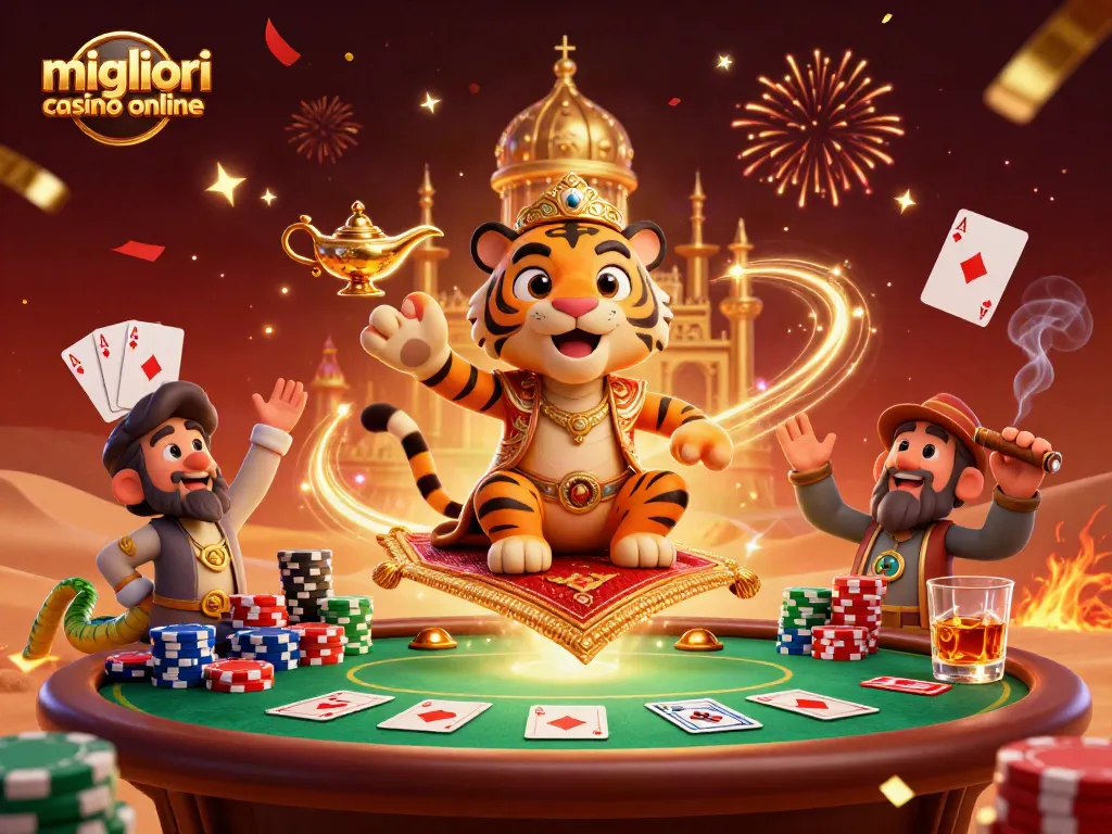 I migliori casinò online mostrano un sultano e il suo compagno, immersi in un'atmosfera festosa di casinò.