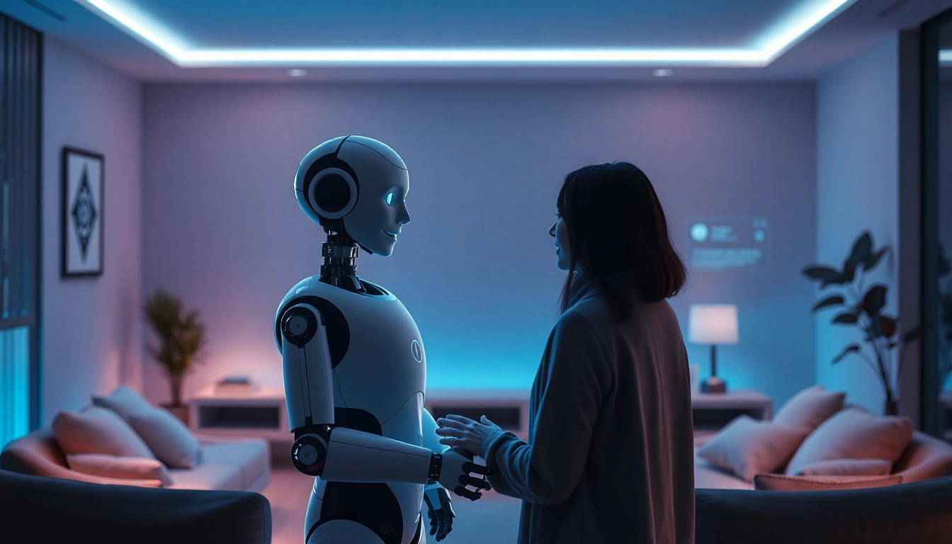 AI sex companionship scene with a humanoid robot and a person in a cozy modern setting.