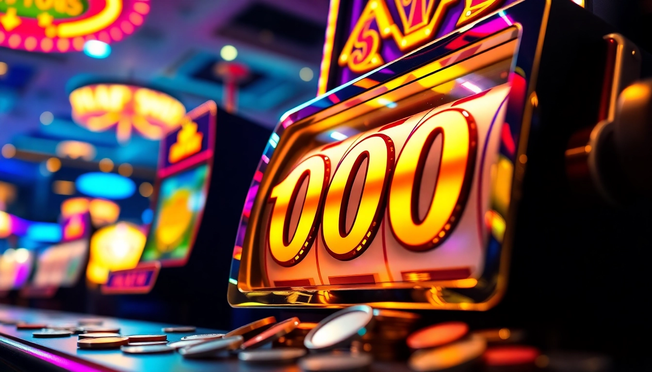 Slot deposit 1000 pada mesin slot berkilau di kasino yang ramai.