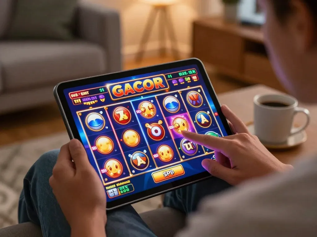 Pemain yang terlibat memutar permainan slot gacor di tablet dalam suasana rumah yang nyaman.