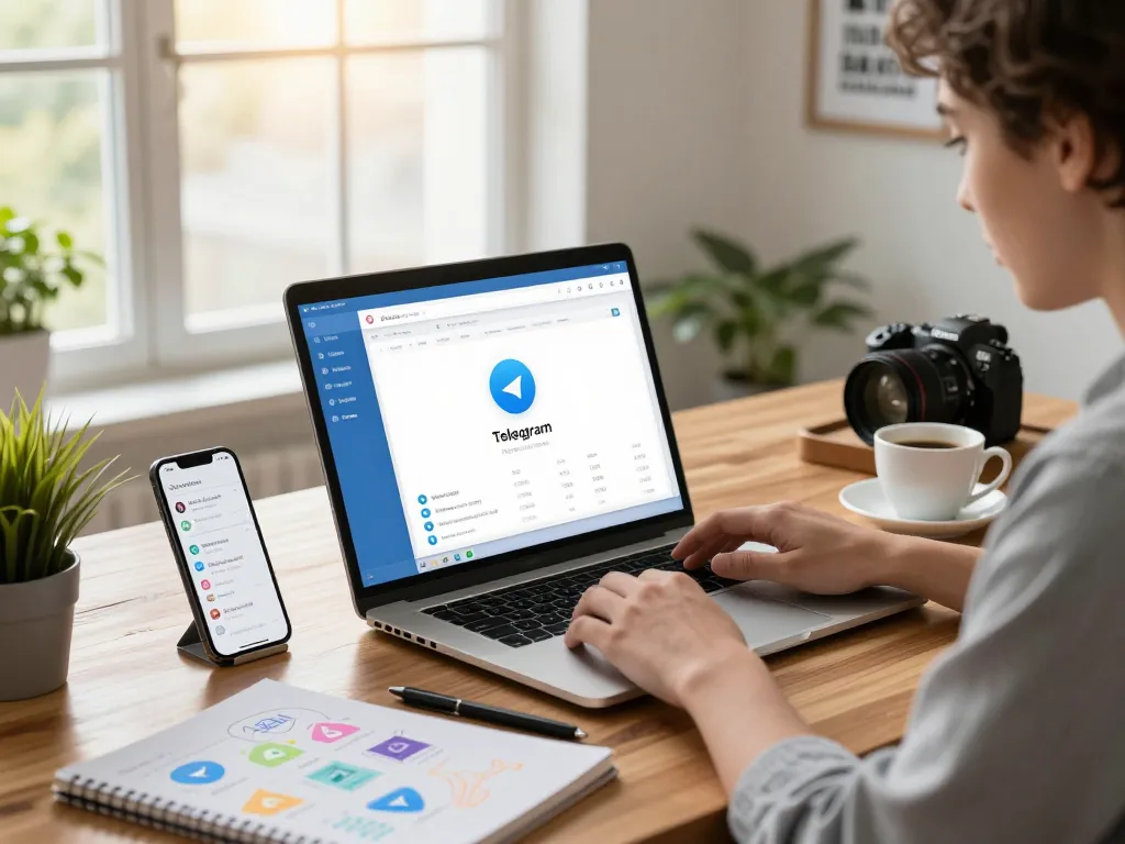 Professional using Telegram 电脑版 on Mac laptop in a modern workspace, showcasing productivity tools and a vibrant atmosphere.