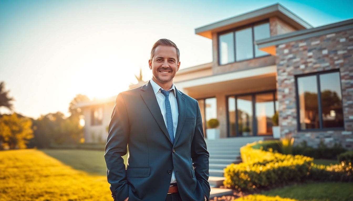 Real Estate agent showcasing a modern home with beautiful landscaping and inviting atmosphere.