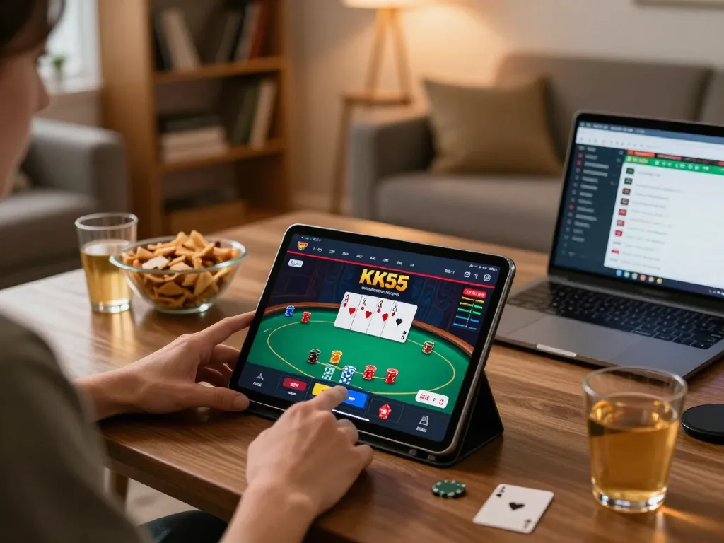 Player engaging with KK55 mobile app on tablet, enjoying a cozy home casino experience