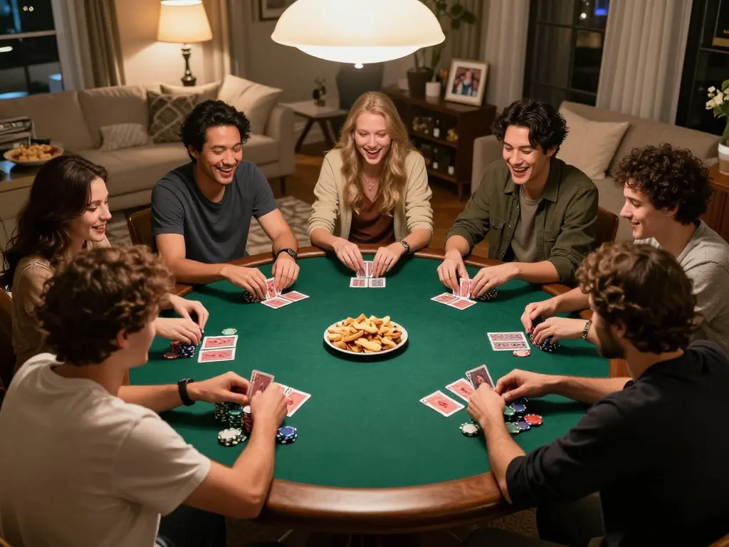 Players enjoying a poker night at home, showcasing strategic gameplay and camaraderie, kubet atmosphere.