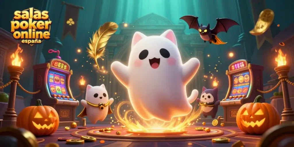 Jugando en salas de póker online en España, un gato fantasma en un casino encantado acompaña a un murciélago.