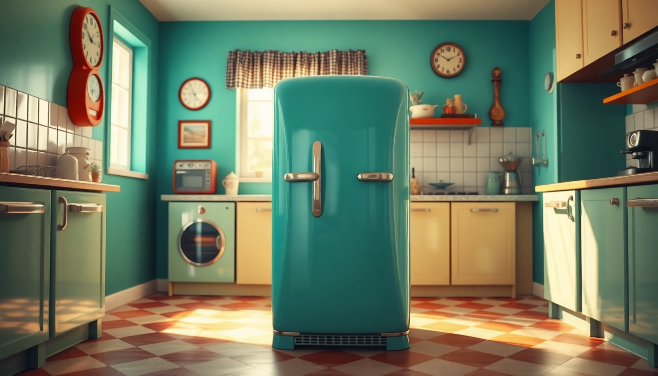 Showcasing a retro appliance in a vintage kitchen full of warmth and colorful details.