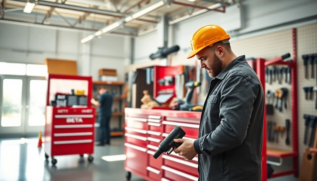 Utilizando carros de herramientas Beta en un taller moderno, un técnico trabaja eficientemente.