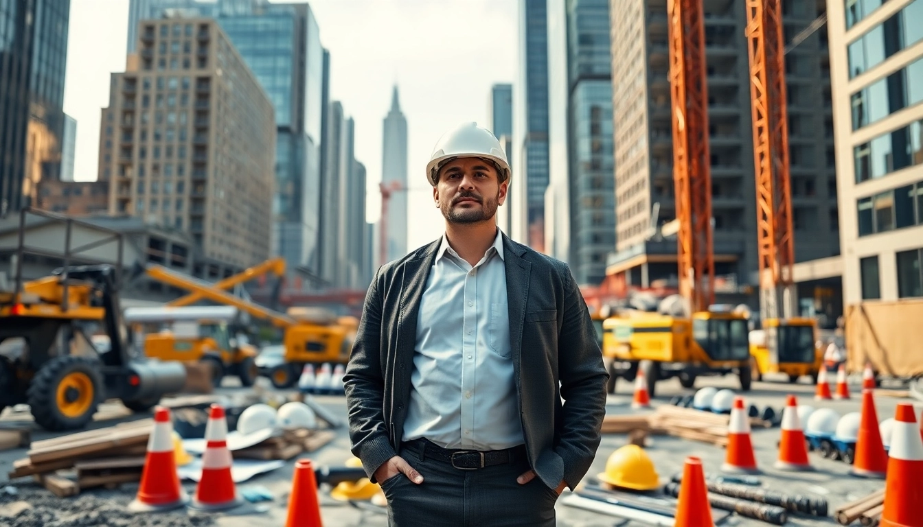 New York Construction Manager directing a construction site with blueprints and machinery.