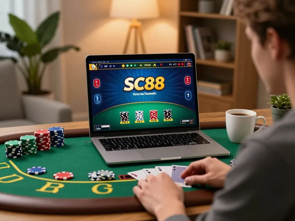 Player enjoying blackjack on SC88 from home, showcasing immersive online gaming atmosphere.