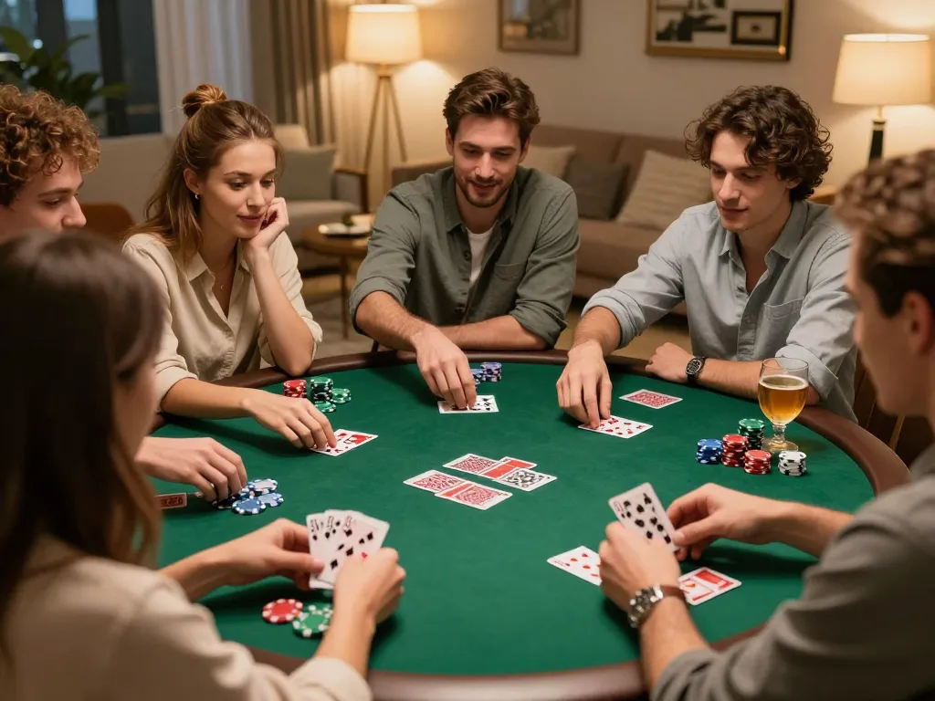 Engaging poker night with friends at home, featuring NHÀ CÁI C168 elements and colorful chips in action.
