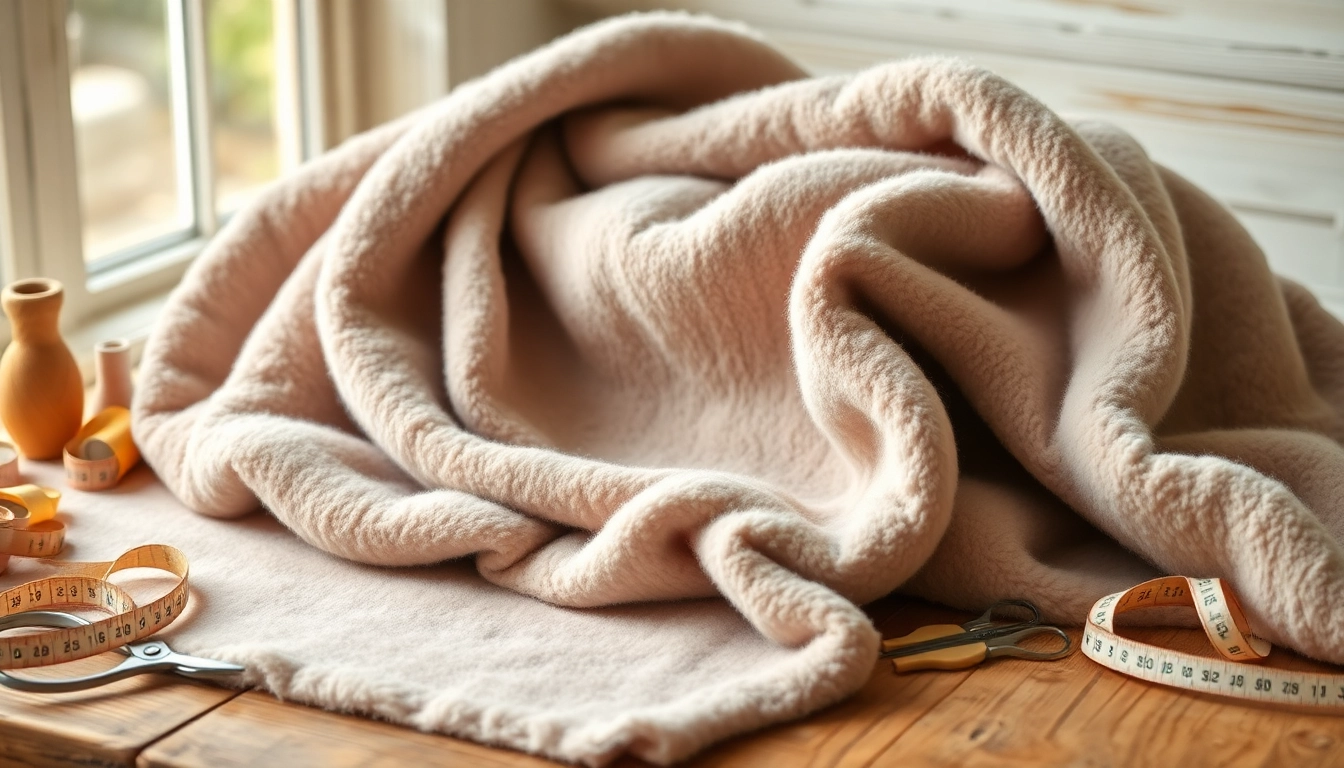 Fleece stof op een houten tafel met creatief gereedschap zoals scharen en garen.