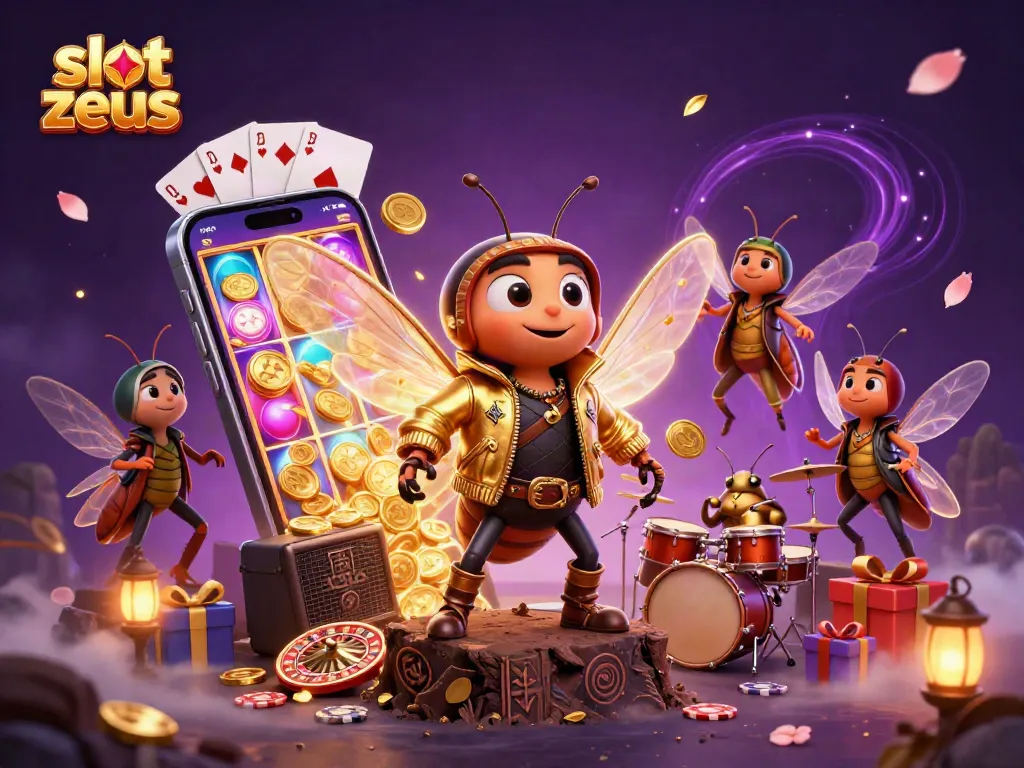 Experience thrilling moments with slot zeus as crickets perform around vibrant casino elements.