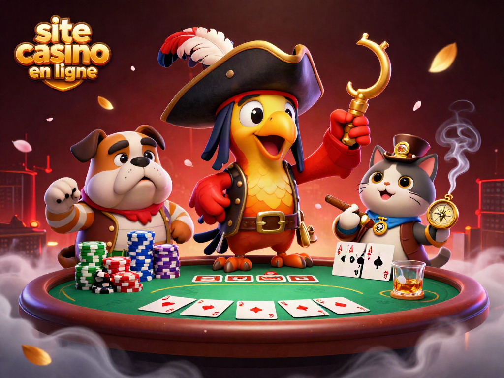 Jouer sur un site casino en ligne avec des personnages de pirate interagissant autour d'une table de poker.
