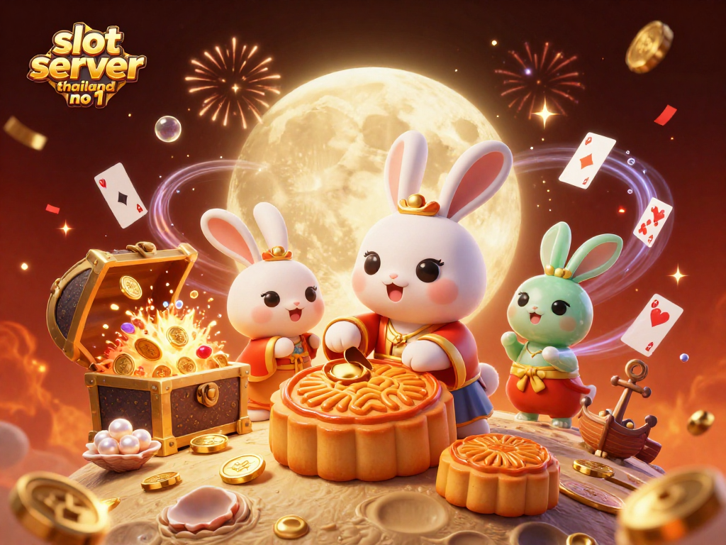 Win big with slot server thailand no 1, an enchanting casino scene featuring playful moon rabbits and vibrant gaming elements.