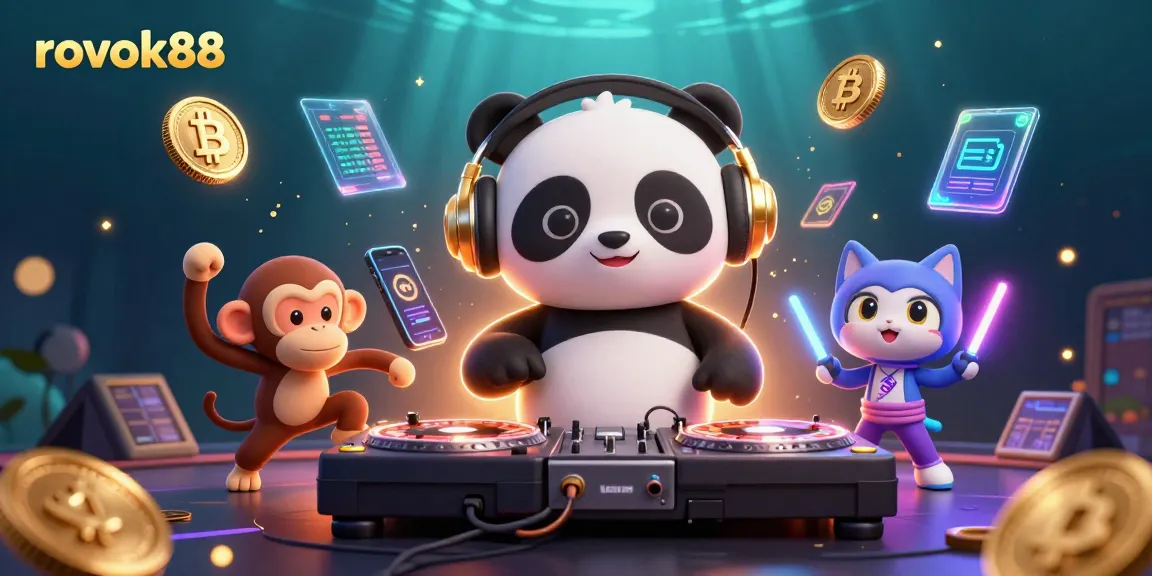 Experience the vibrant energy of rokok88 with spinning DJ panda and breakdancing characters in a virtual casino.