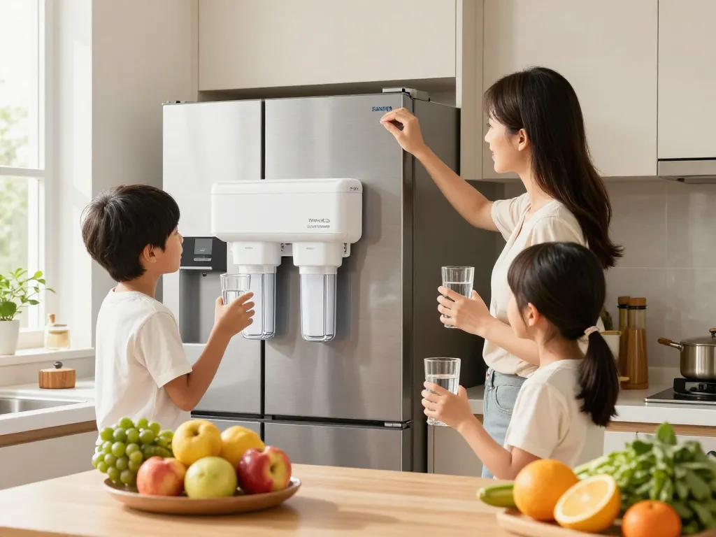 Family installing the Waterdrop DA29-00020B Refrigerator Water Filter in a sunny kitchen, showcasing healthy home lifestyle.