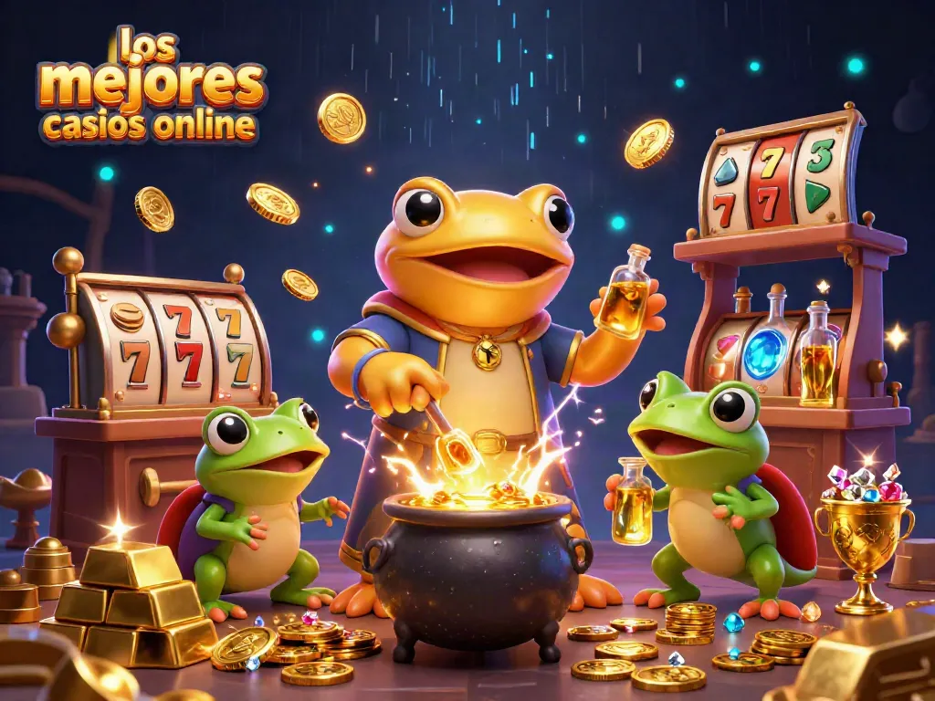 Los mejores casinos online: ilustra un alquimista dorado creando monedas en un casino lleno de riquezas.