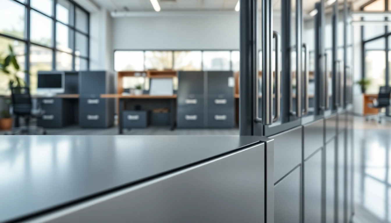 Organizing workspace with a steel cabinet emphasizing durability and style.