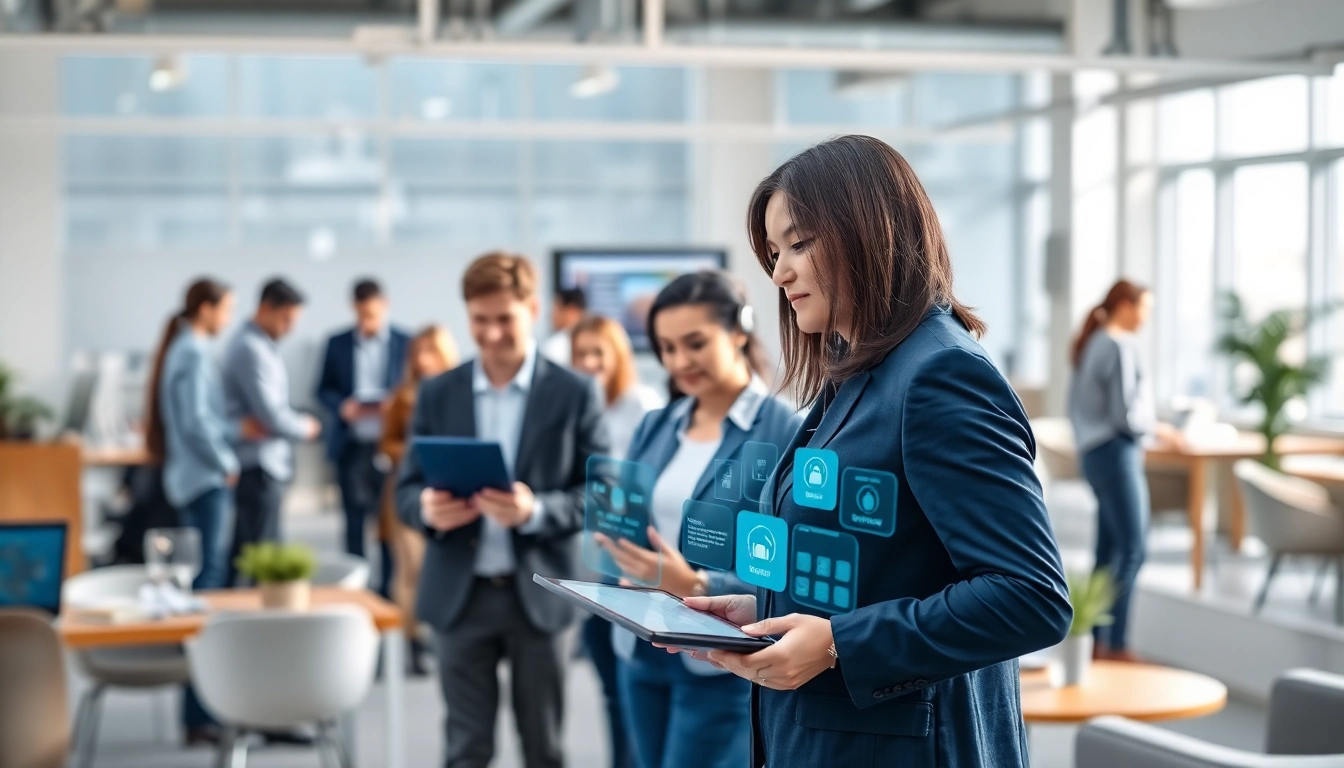 Engaged team using an assistant for enterprise in a modern office setting.