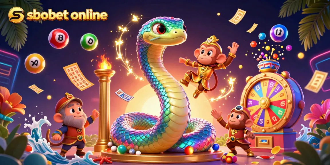 Experience sbobet online with vibrant lottery elements, a magical rainbow serpent, and dynamic casino atmosphere.
