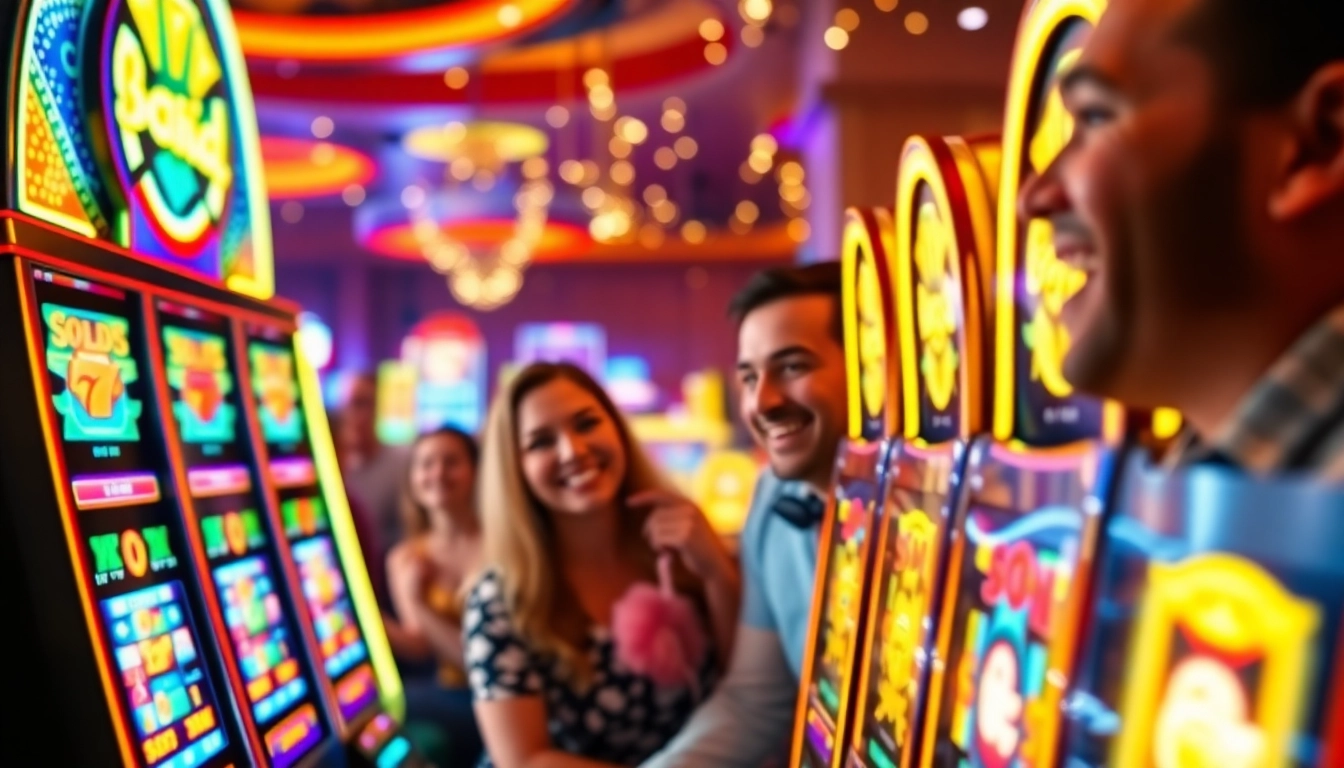Bermain Slot77 dengan semangat di mesin slot penuh warna dan lampu neon yang bersinar.