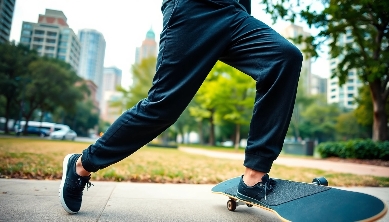 Sporty look featuring black sweatpants on a model in an urban park setting, showcasing comfort and style.