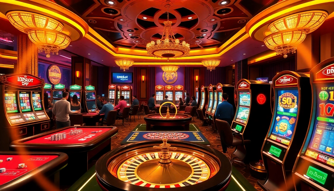 Experience thrilling gameplay with idnslot at an upscale casino featuring vibrant slot machines.
