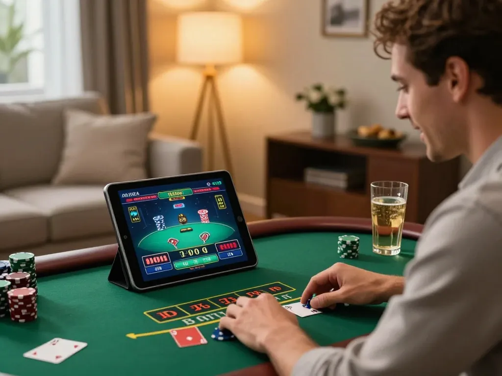 Player strategizing and placing bets at AE888's online blackjack game on a tablet