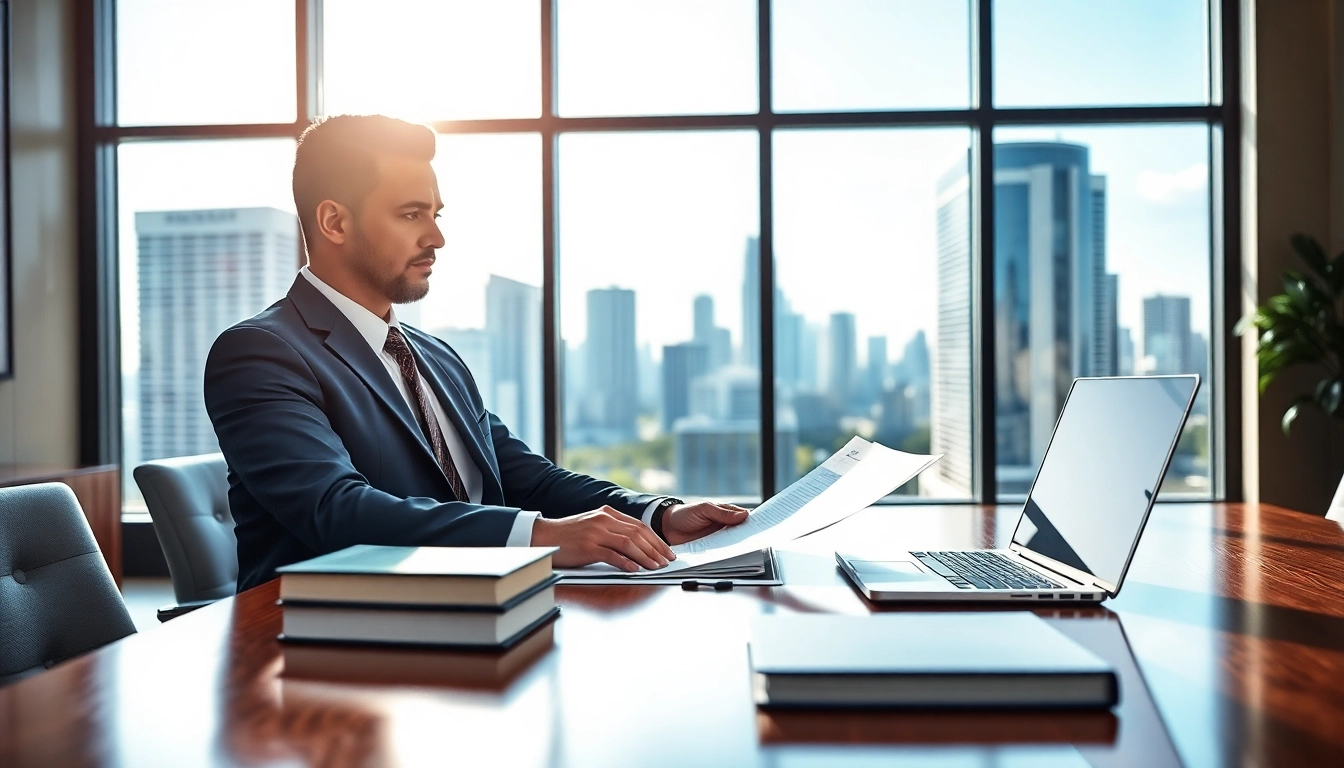 Miami-Dade County litigation Lawyer reviewing legal documents in a modern office environment.